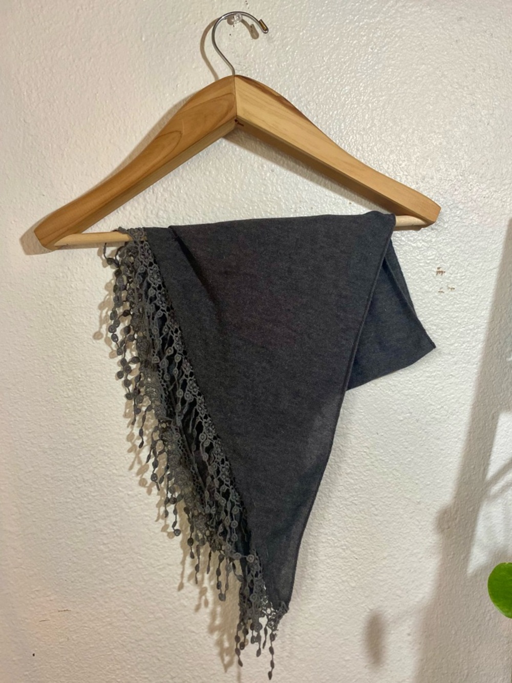 Stormcloud Grey Knit Triangle Scarf with Flower Lace Fringe - Picture 3 of 7
